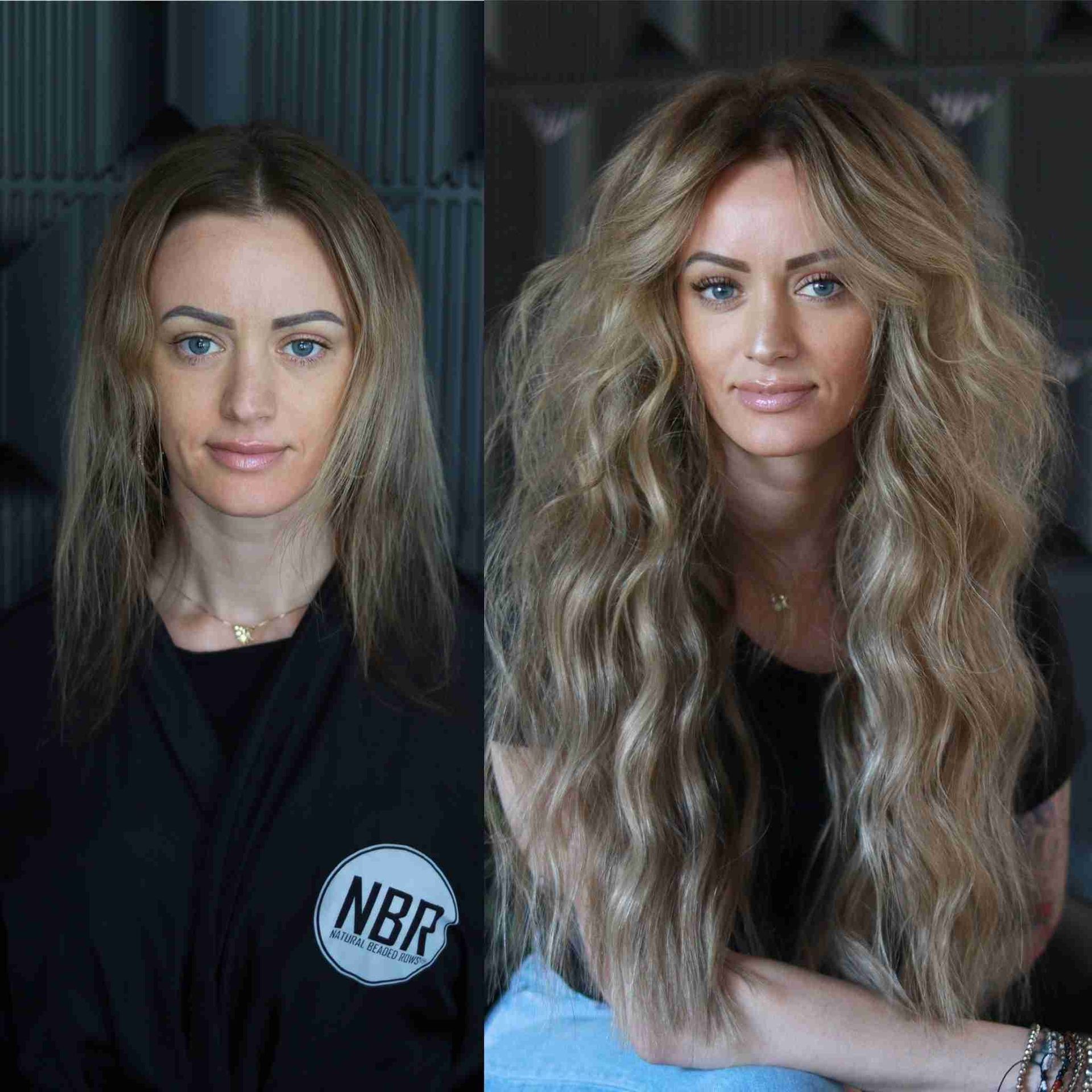 A before and after photo of a woman with long hair.
