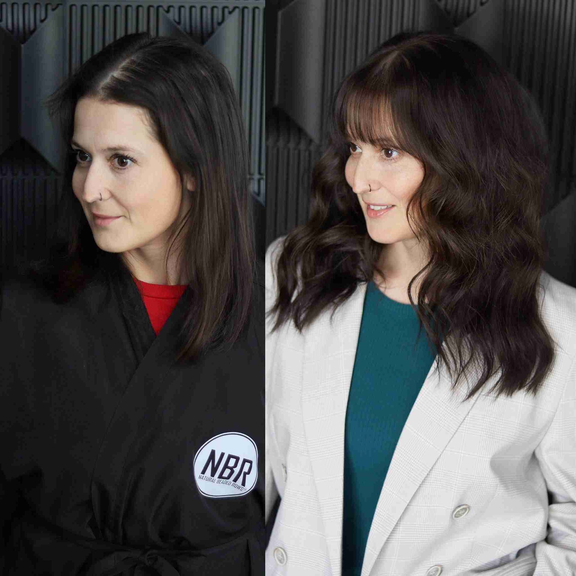 Two women are standing next to each other and one has a nbr logo on her robe.