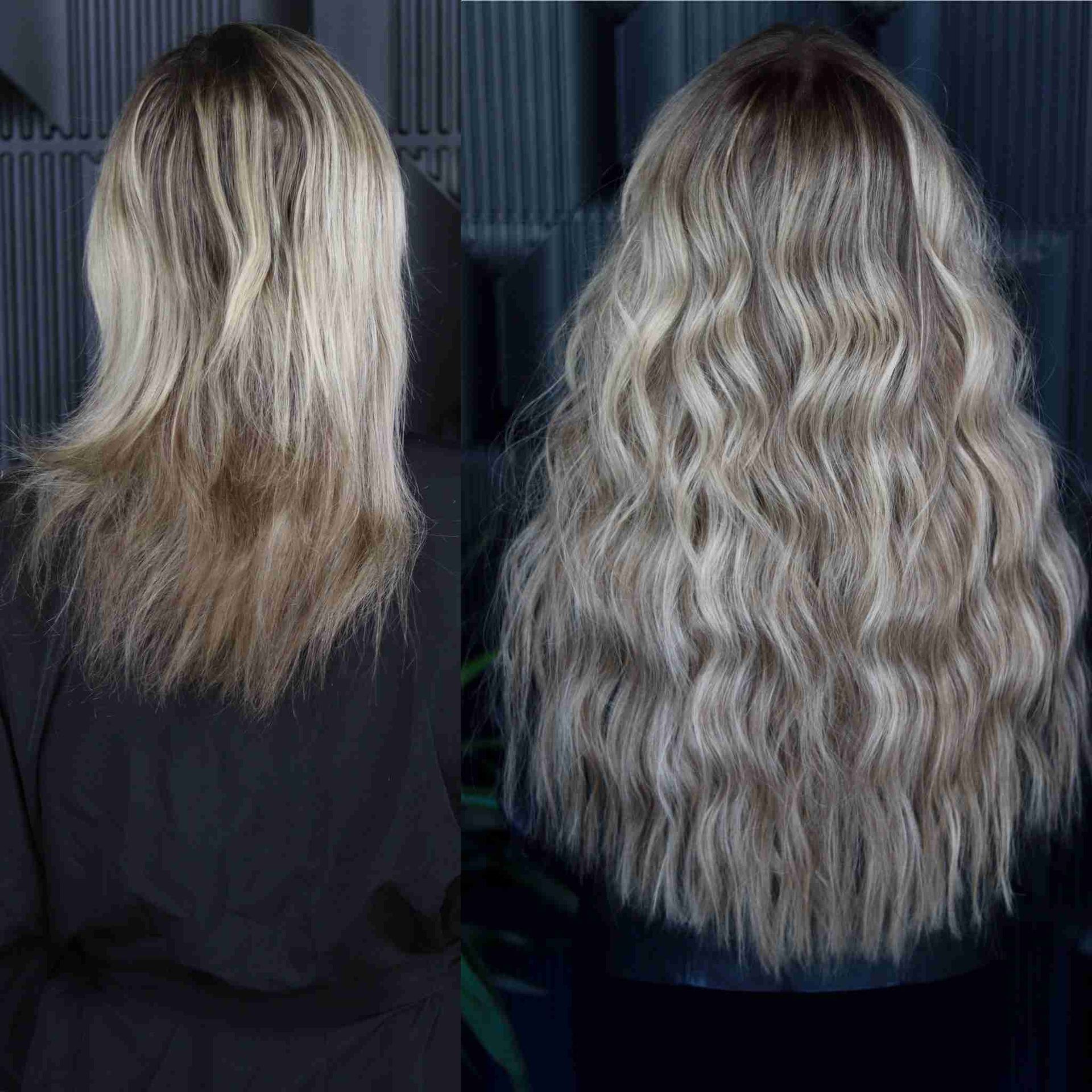 A before and after photo of a woman 's hair extensions.