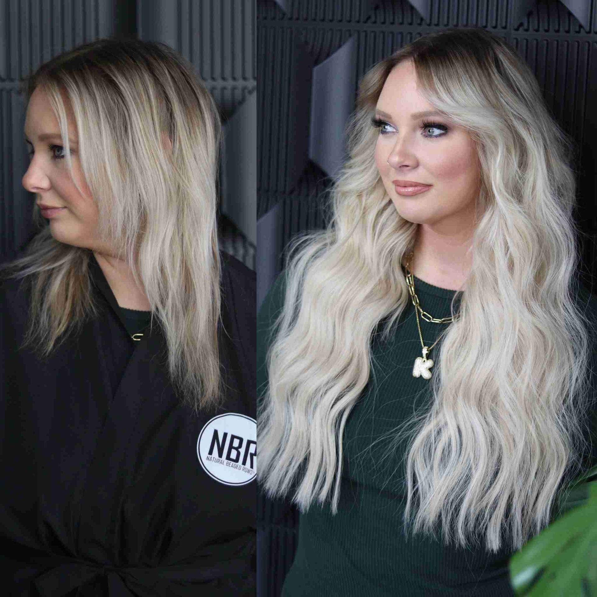 A before and after photo of a woman with long blonde hair.