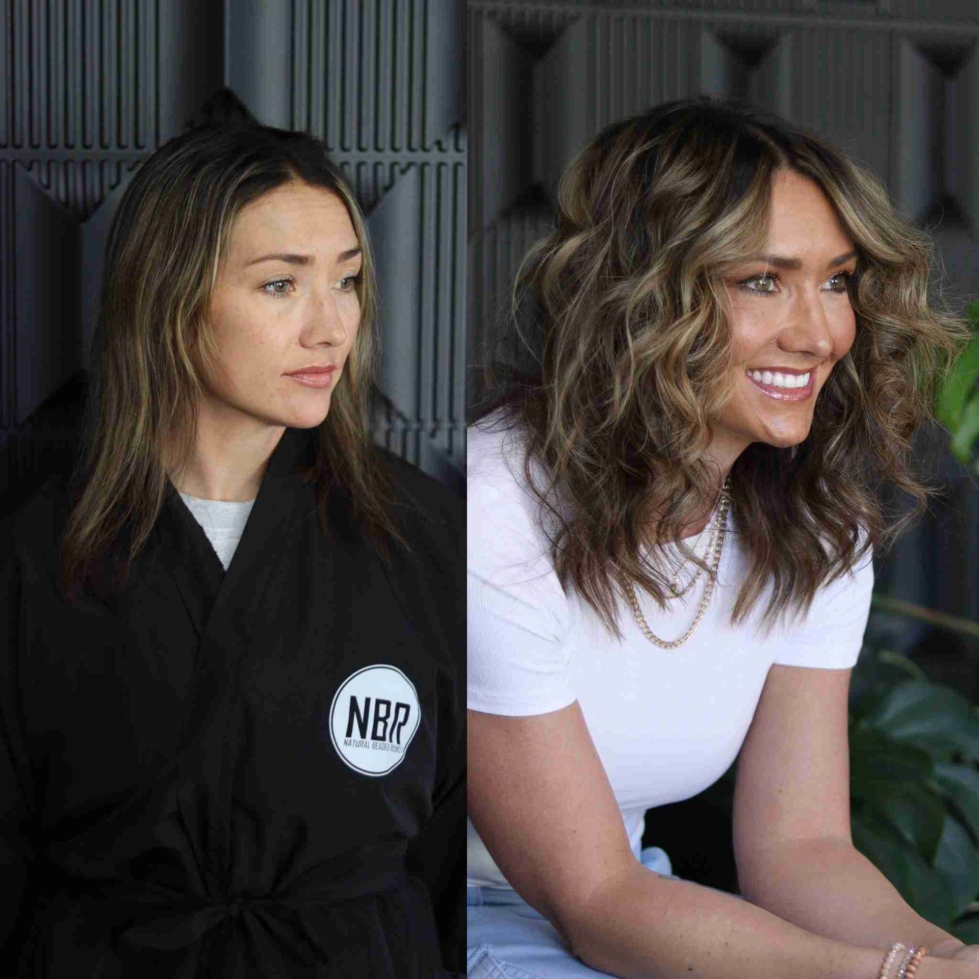 A before and after photo of a woman with long hair.