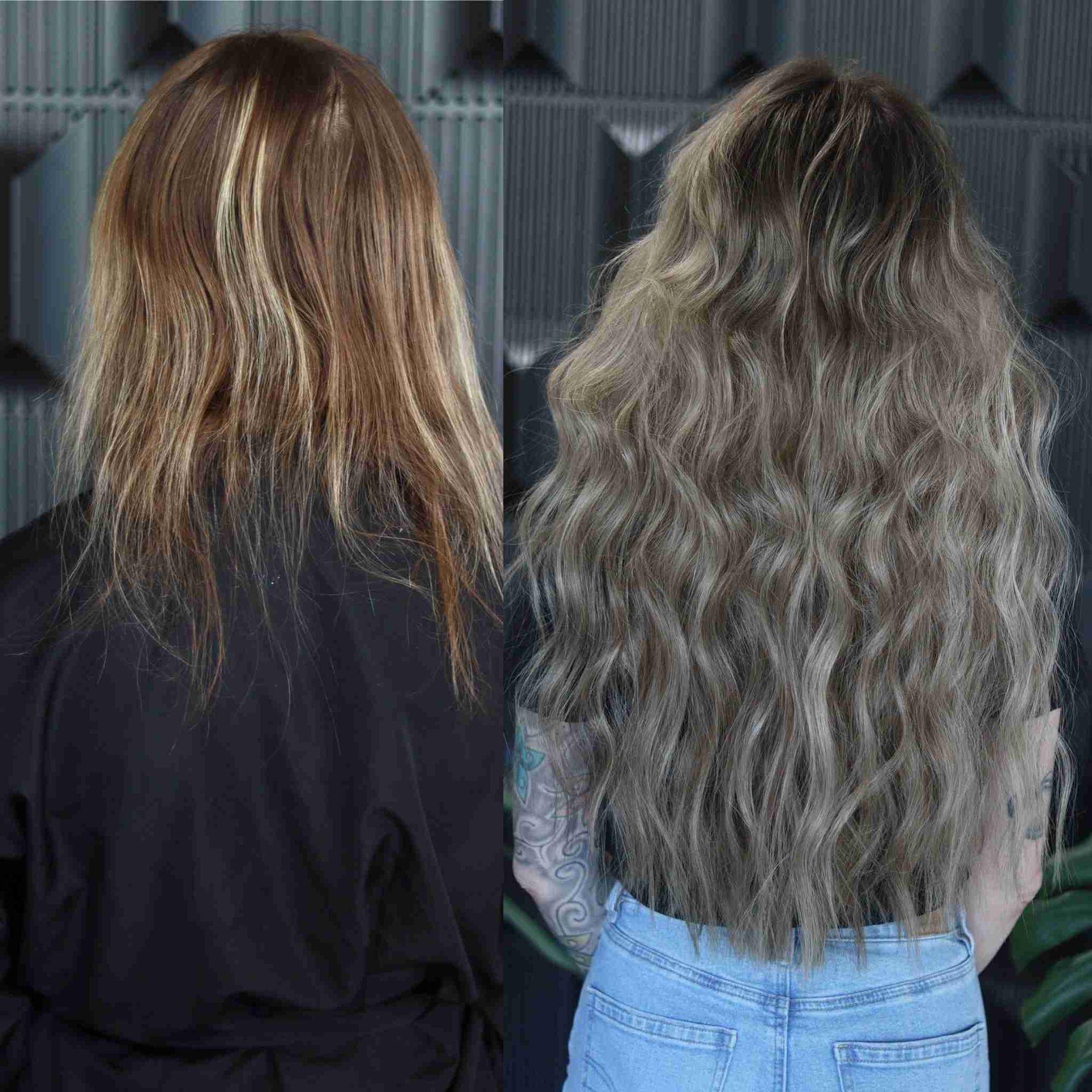 A before and after photo of a woman 's hair extensions.