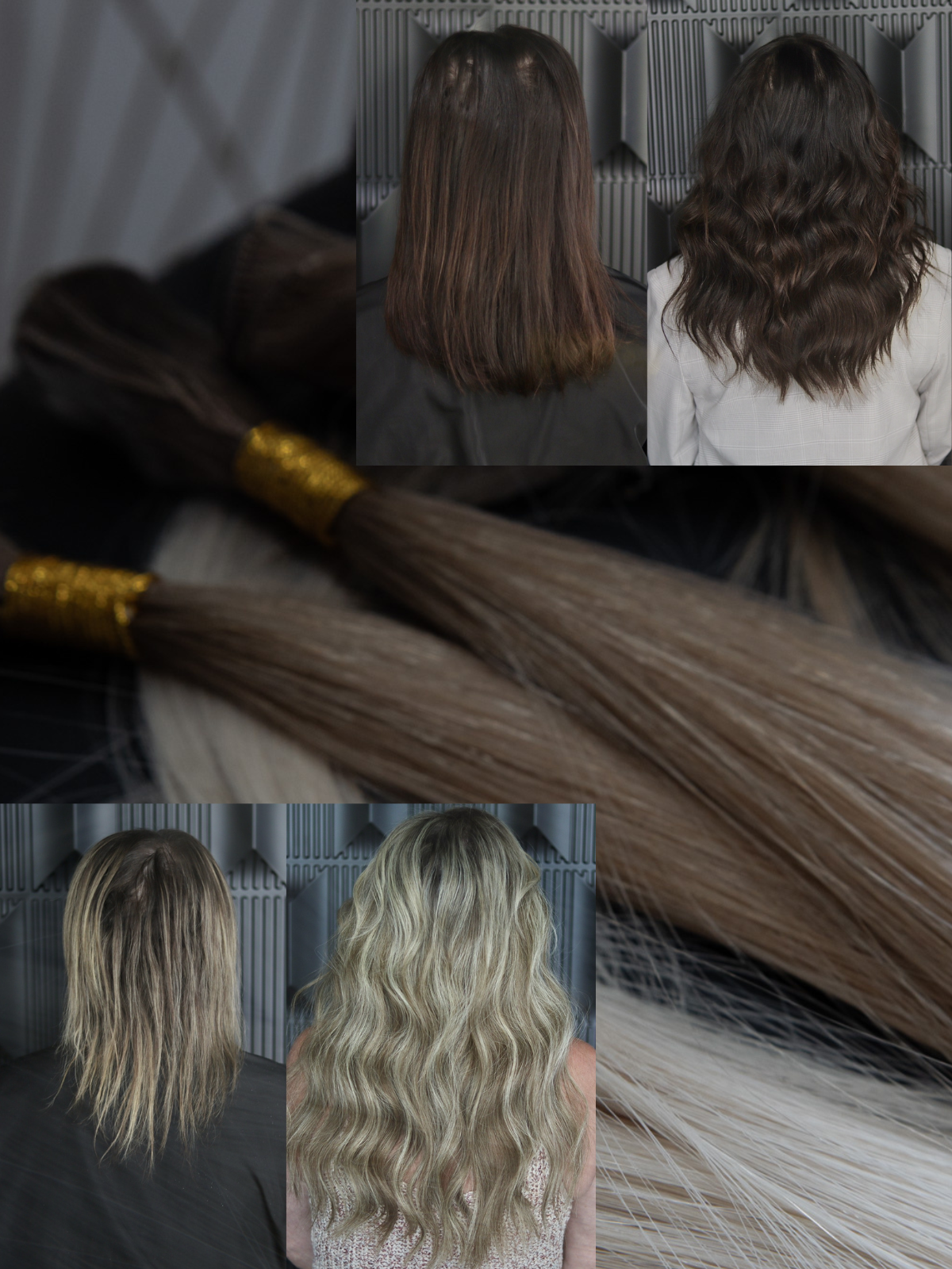 A collage of photos showing a woman 's hair before and after extensions