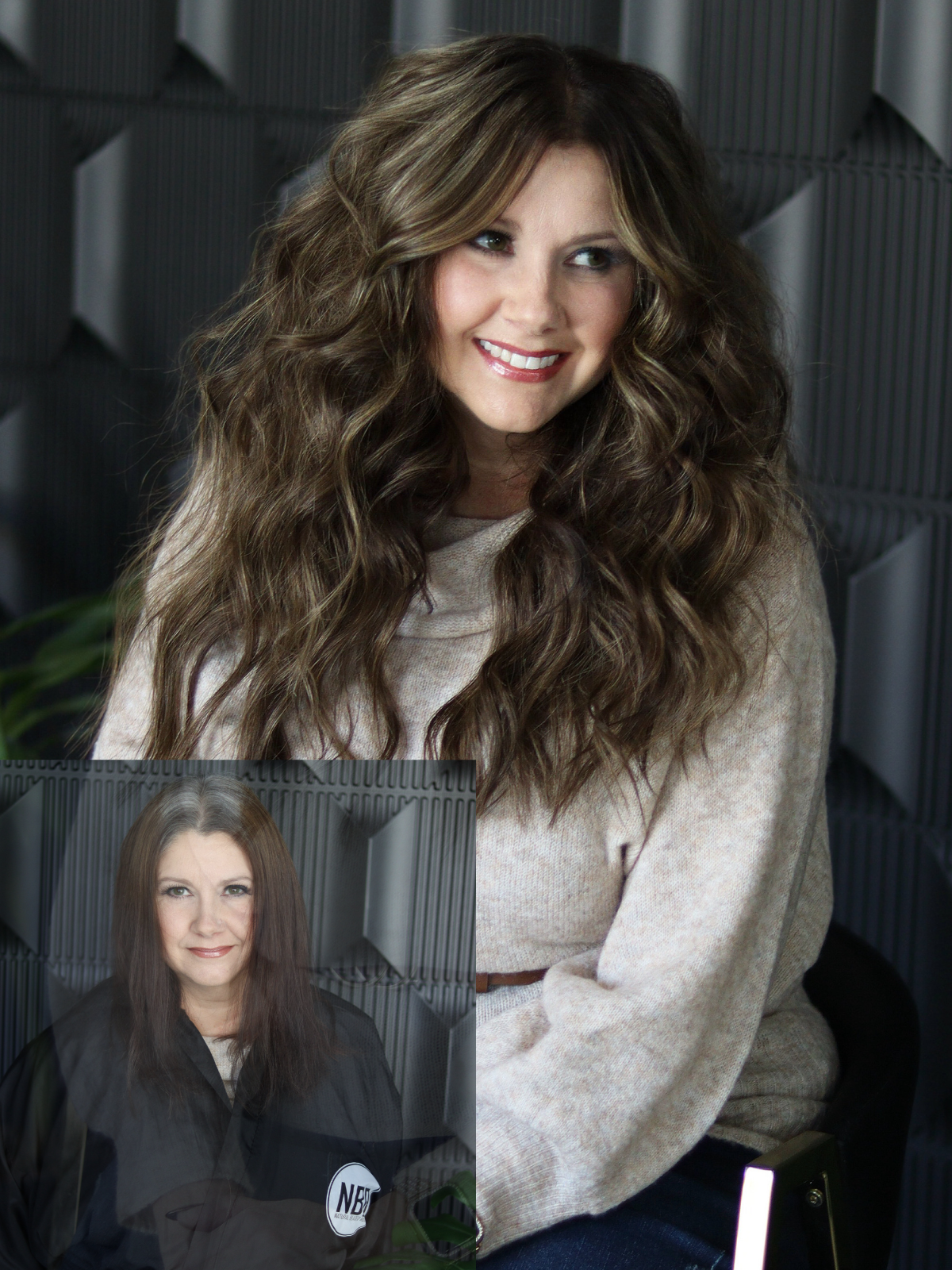 A woman with long hair is sitting in a chair and smiling.