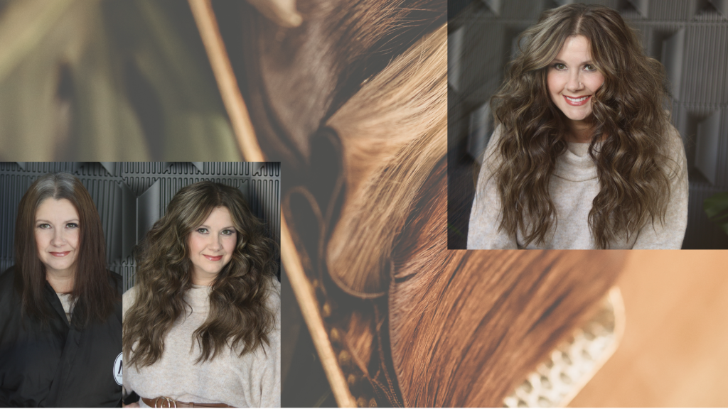 A collage of three pictures of a woman with long hair.