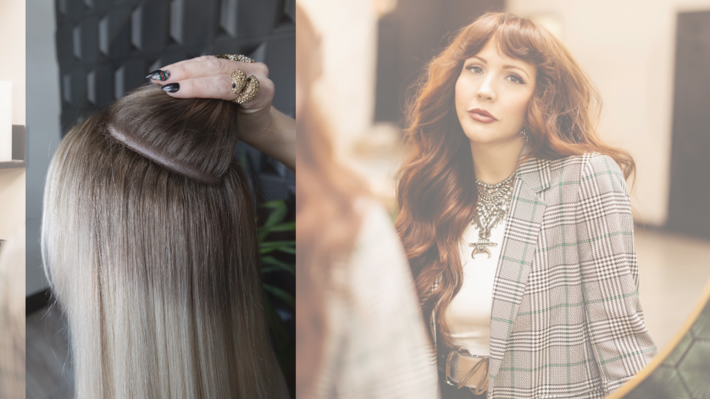 A woman is looking at her hair in a mirror.
