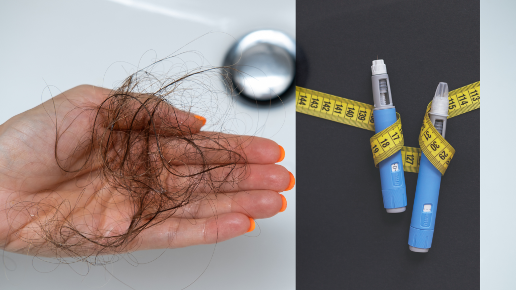 A woman 's hand holding a bunch of hair next to a measuring tape.