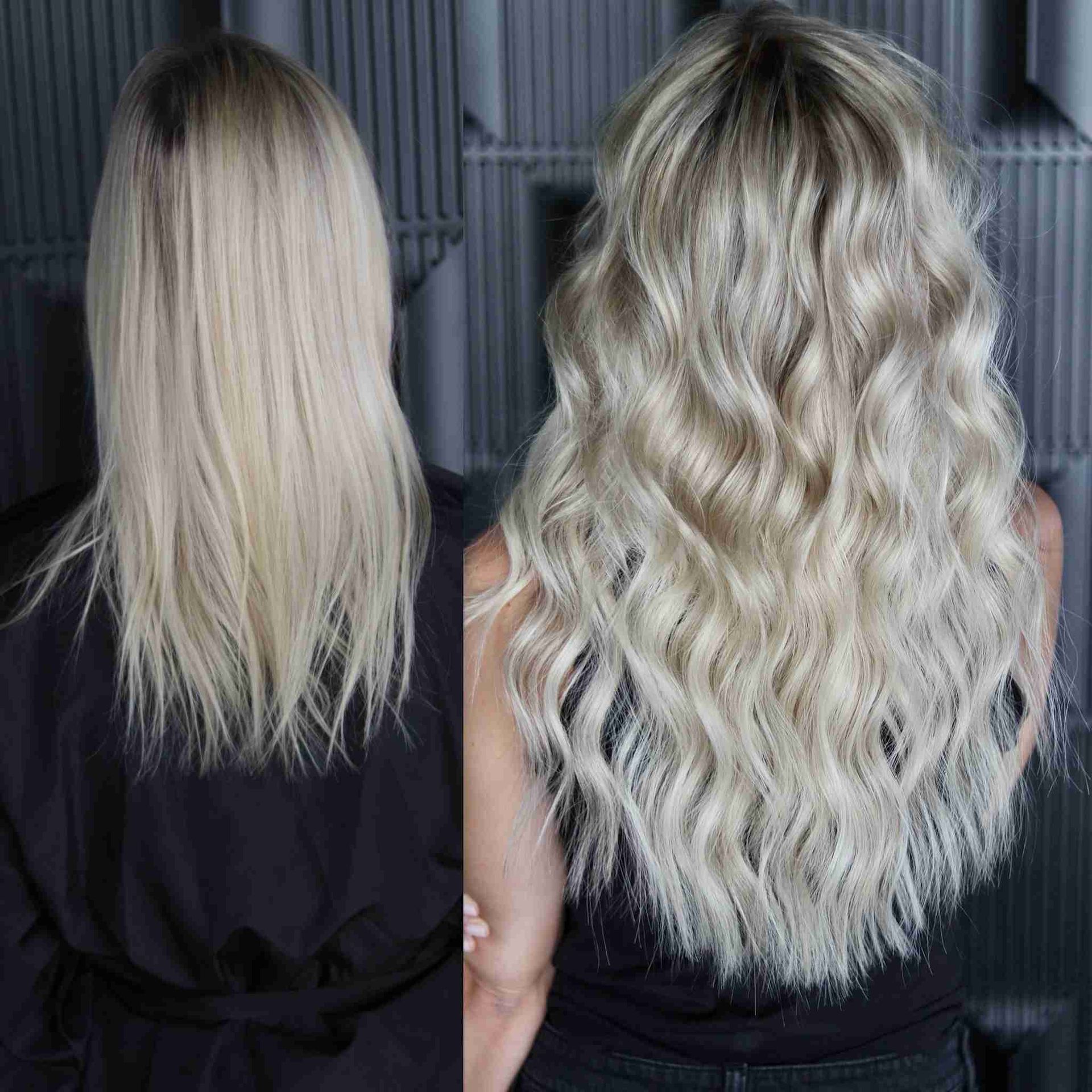 A before and after photo of a woman 's blonde hair extensions.