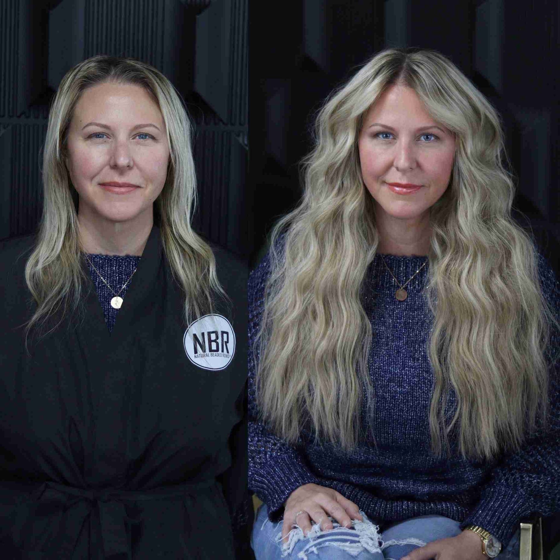 Two women are sitting next to each other and one has a nbr logo on her shirt