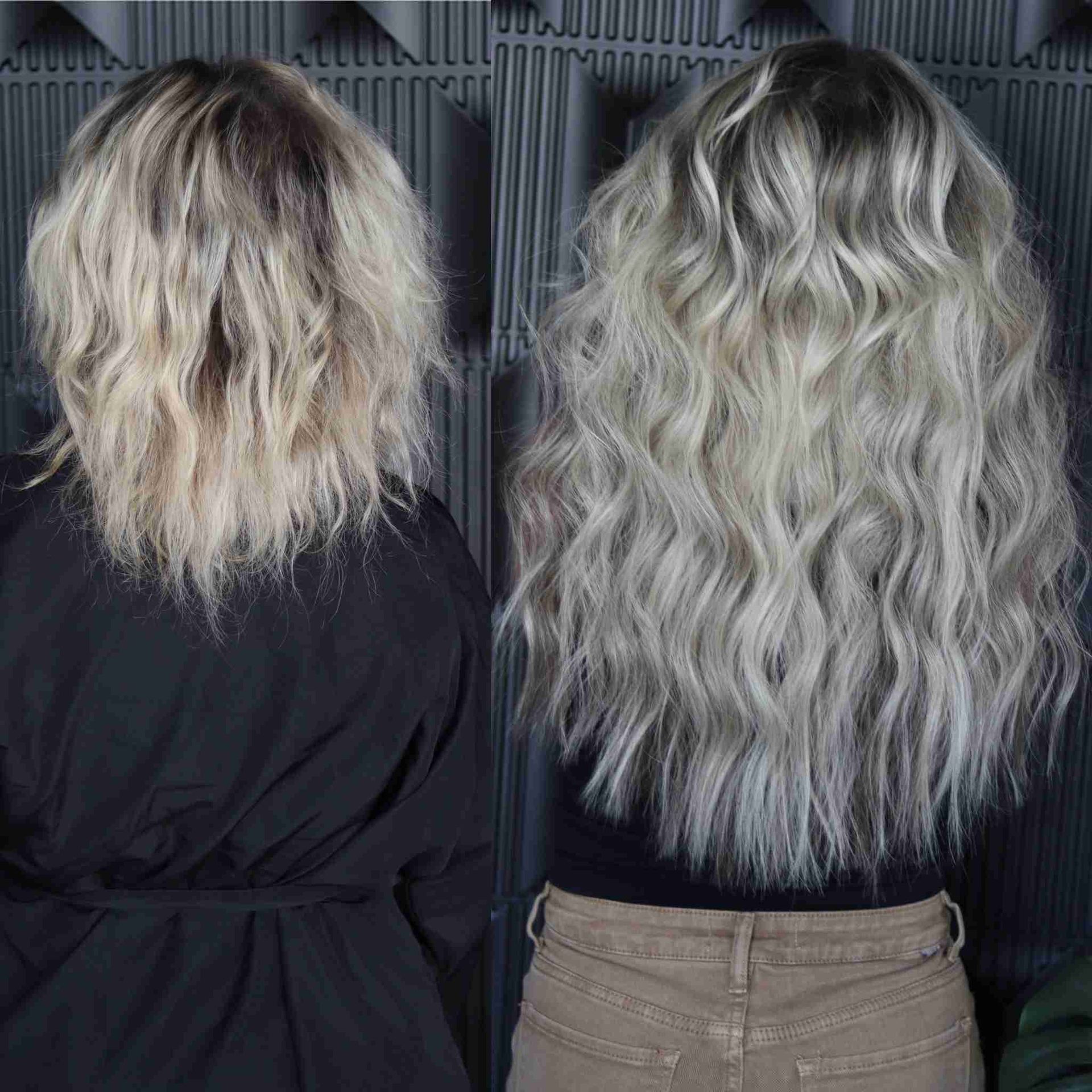 A before and after photo of a woman 's hair extensions.