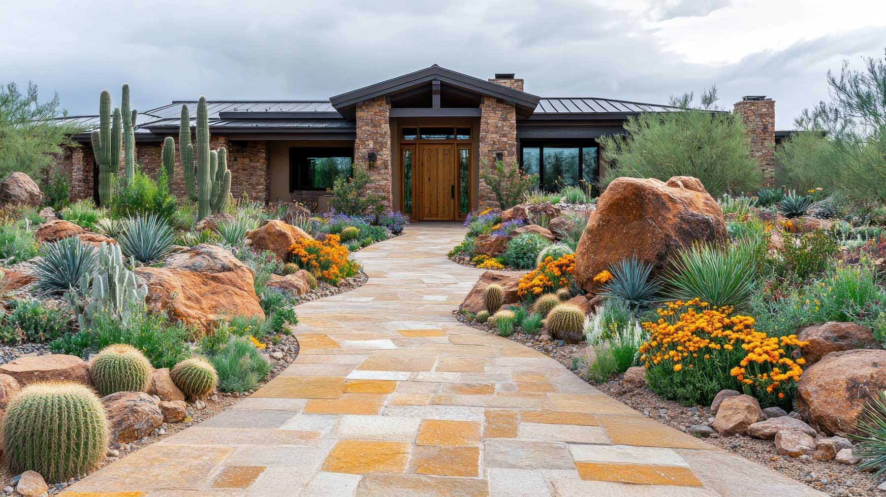 Stone pathway leads to a rustic home with desert landscaping, featuring cacti, boulders, and vibrant orange flowers.