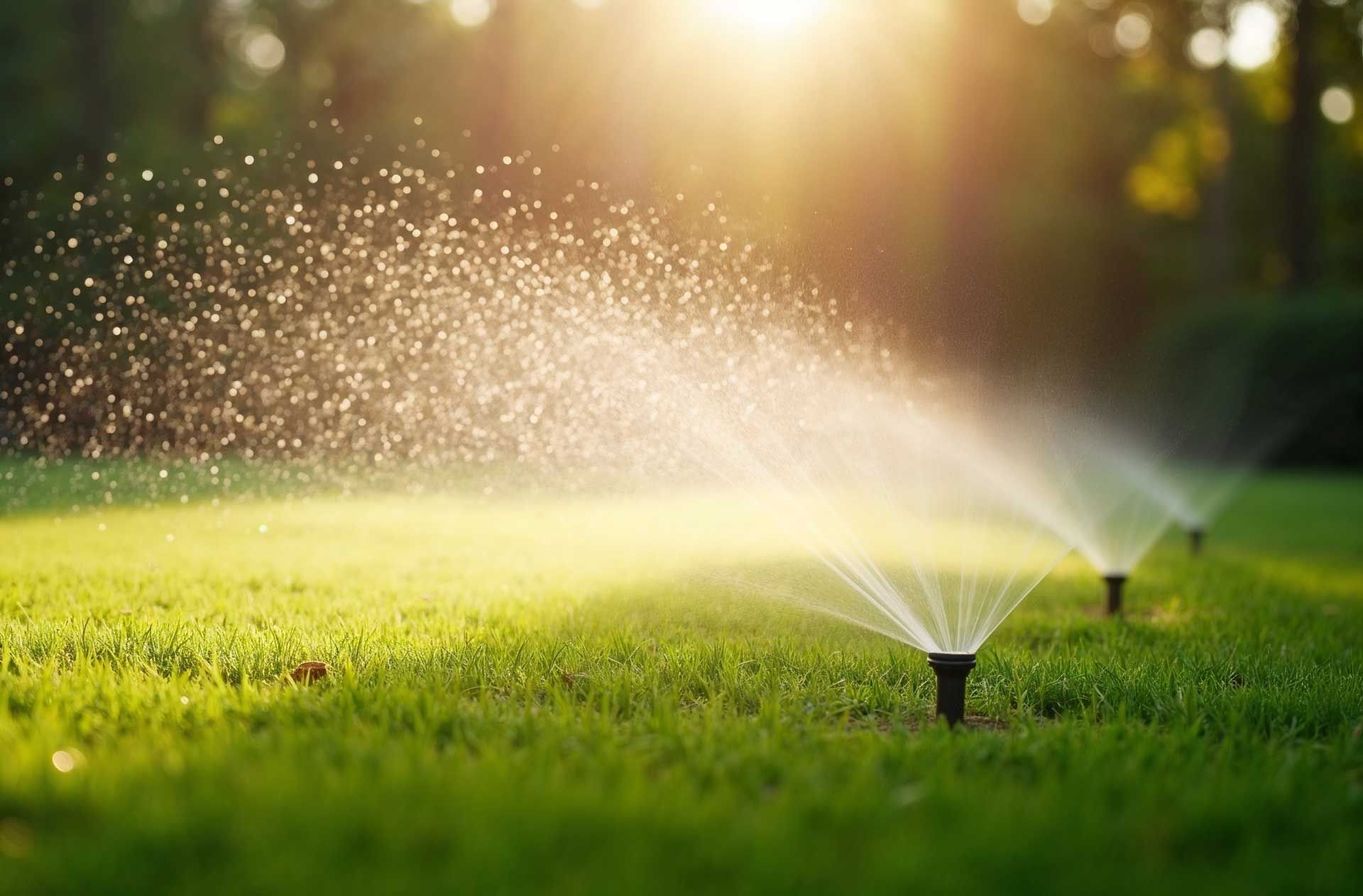 Sprinklers spraying water on a green lawn in bright sunlight.