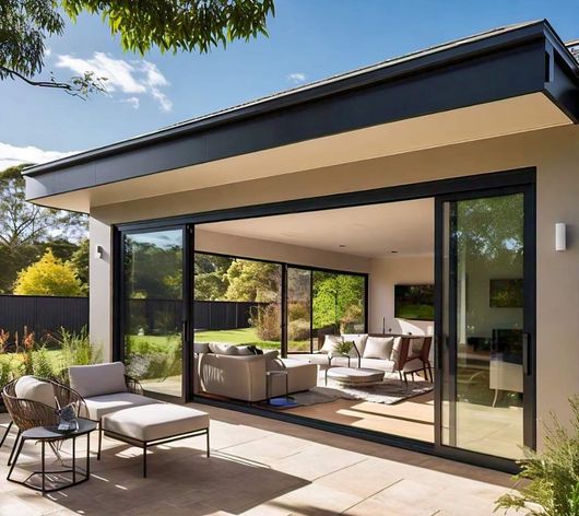 A Modern Indoor Outdoor Living Area of a House — Distinctive Glass & Aluminium in Port Kembla, NSW