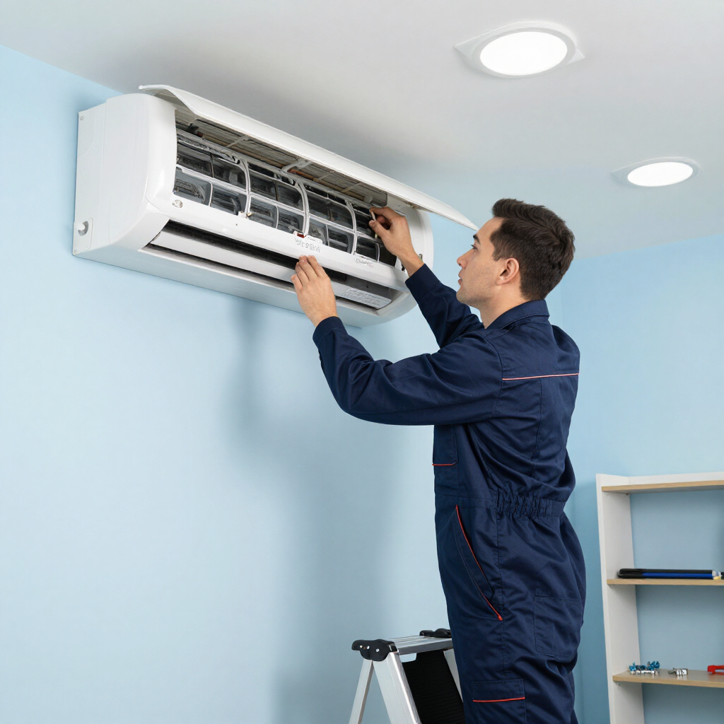 Technician servicing a wall-mounted air conditioner in a light blue room using a step stool