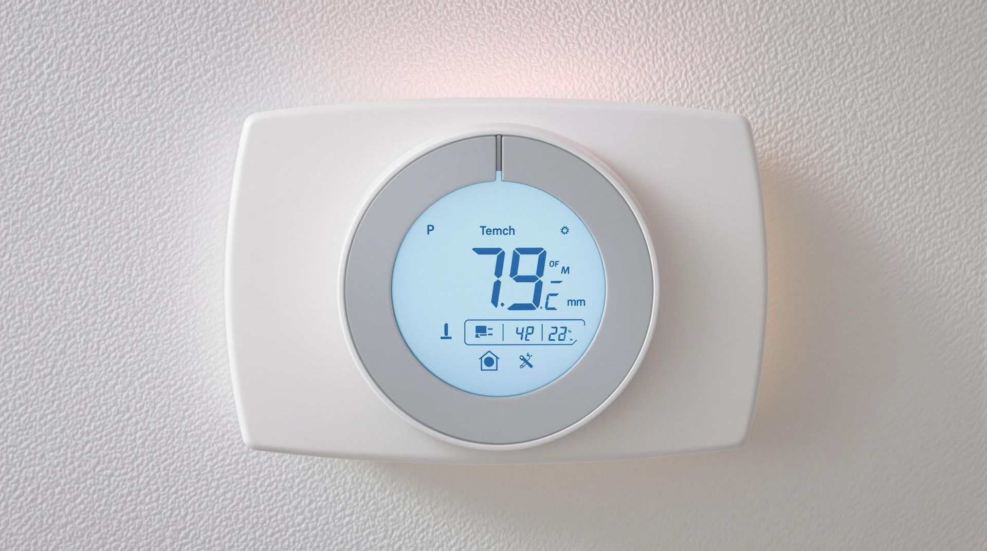 White thermostat on a wall, displaying 79 degrees Fahrenheit.