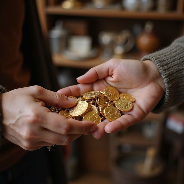 Two hands exchanging handfuls of gold coins. Brown sweaters, blurred background of shelves.