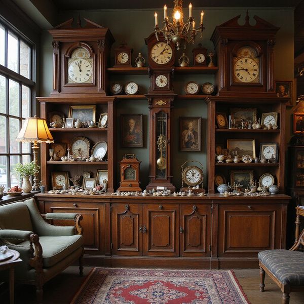 A room filled with antique clocks displayed on wooden shelves and cabinet. A green armchair sits nearby.