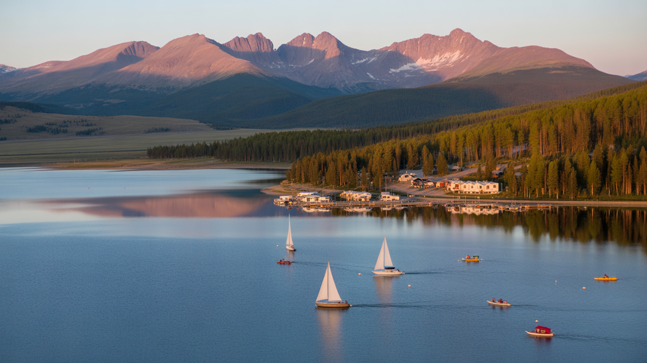 Aerial view of Dillon Reservoir at sunrise with mountain peaks and campgrounds along shoreline
