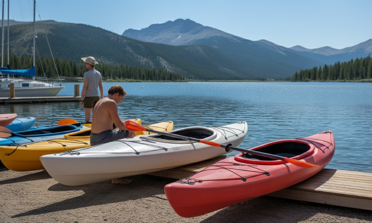 Kayaks and paddleboards at Dillon Marina boat launch with ANS inspection station