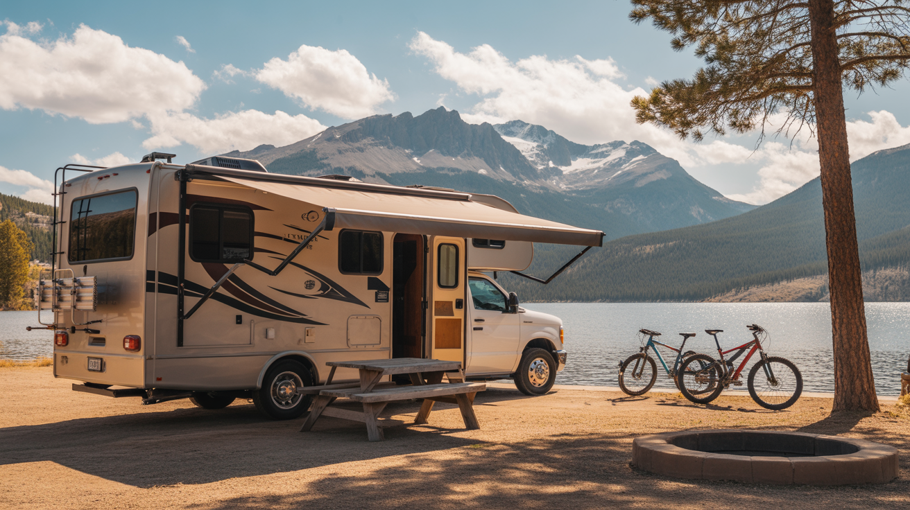 RV campsite at Dillon Reservoir with mountain views and outdoor setup