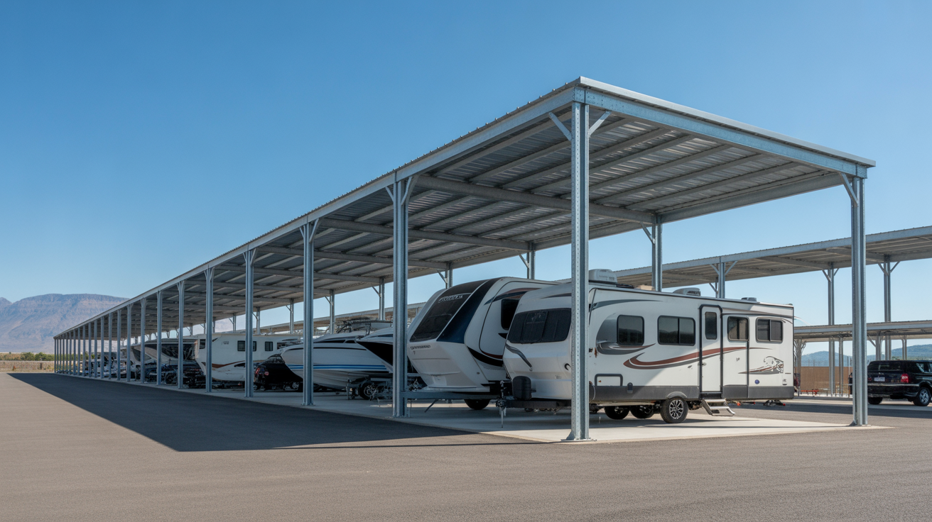 Modern covered RV storage facility with steel canopies