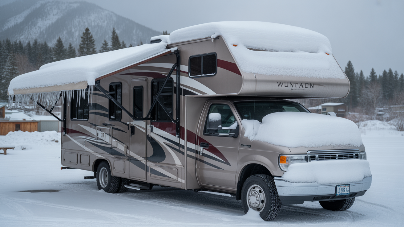 RV covered in heavy snow showing winter storage challenges