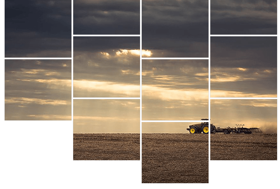 Tractor plowing a field under a cloudy, golden sky.