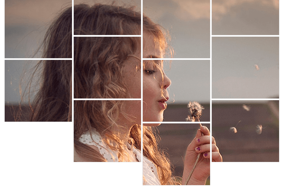 Girl blowing dandelion seeds in golden sunlight.