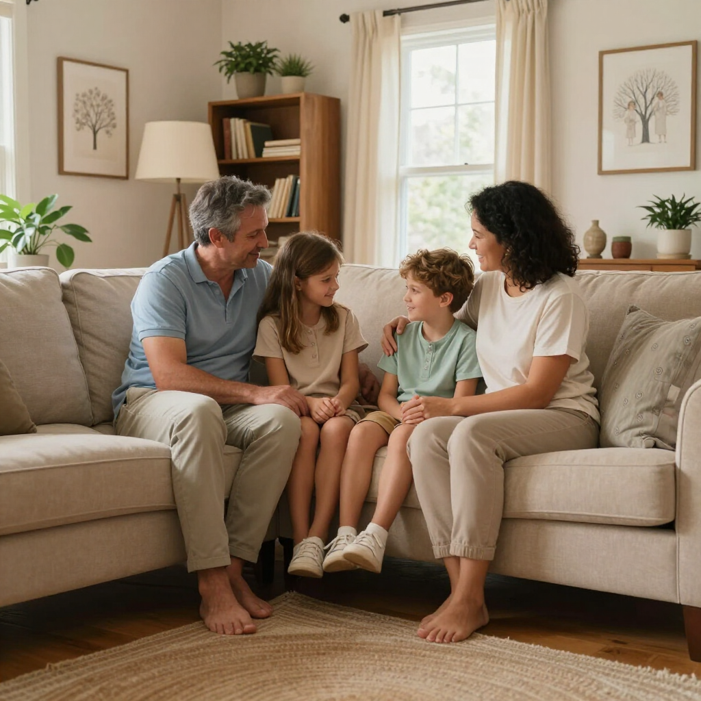 Una familia de cuatro personas está sentada junta en un sofá de color claro en una sala de estar luminosa y acogedora