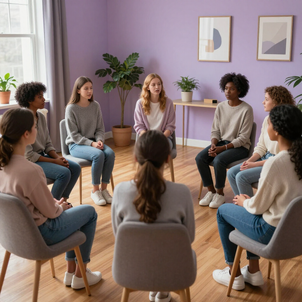 Un grupo diverso de personas se sienta en círculo sobre sillas en una sala bien iluminada para una reunión