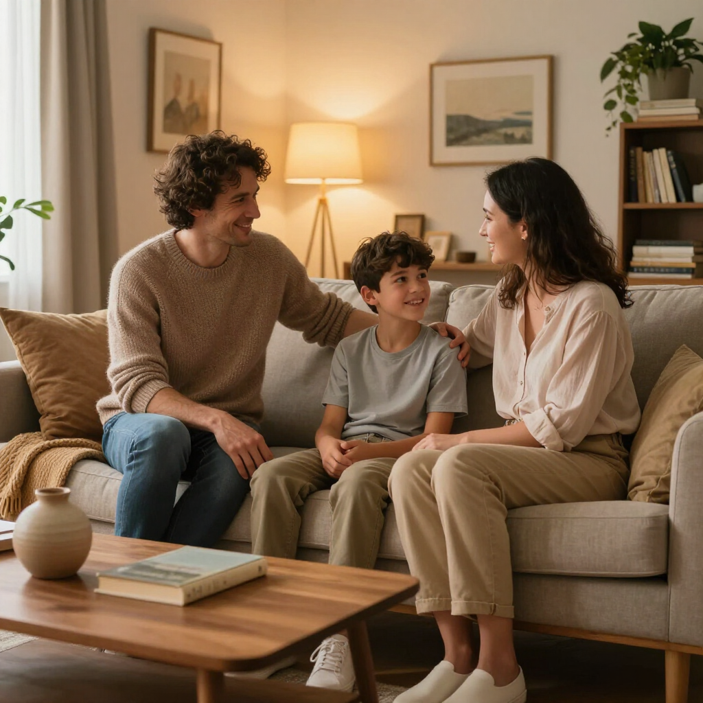 Una familia está sentada junta en un sofá en una acogedora sala de estar con una iluminación cálida