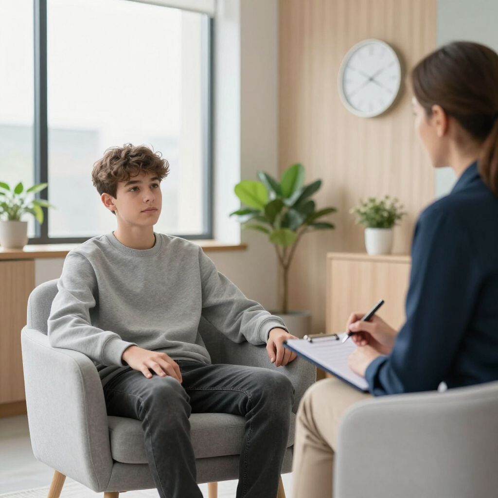 Una persona joven sentada en una silla en una oficina luminosa y moderna conversa con un profesional 
