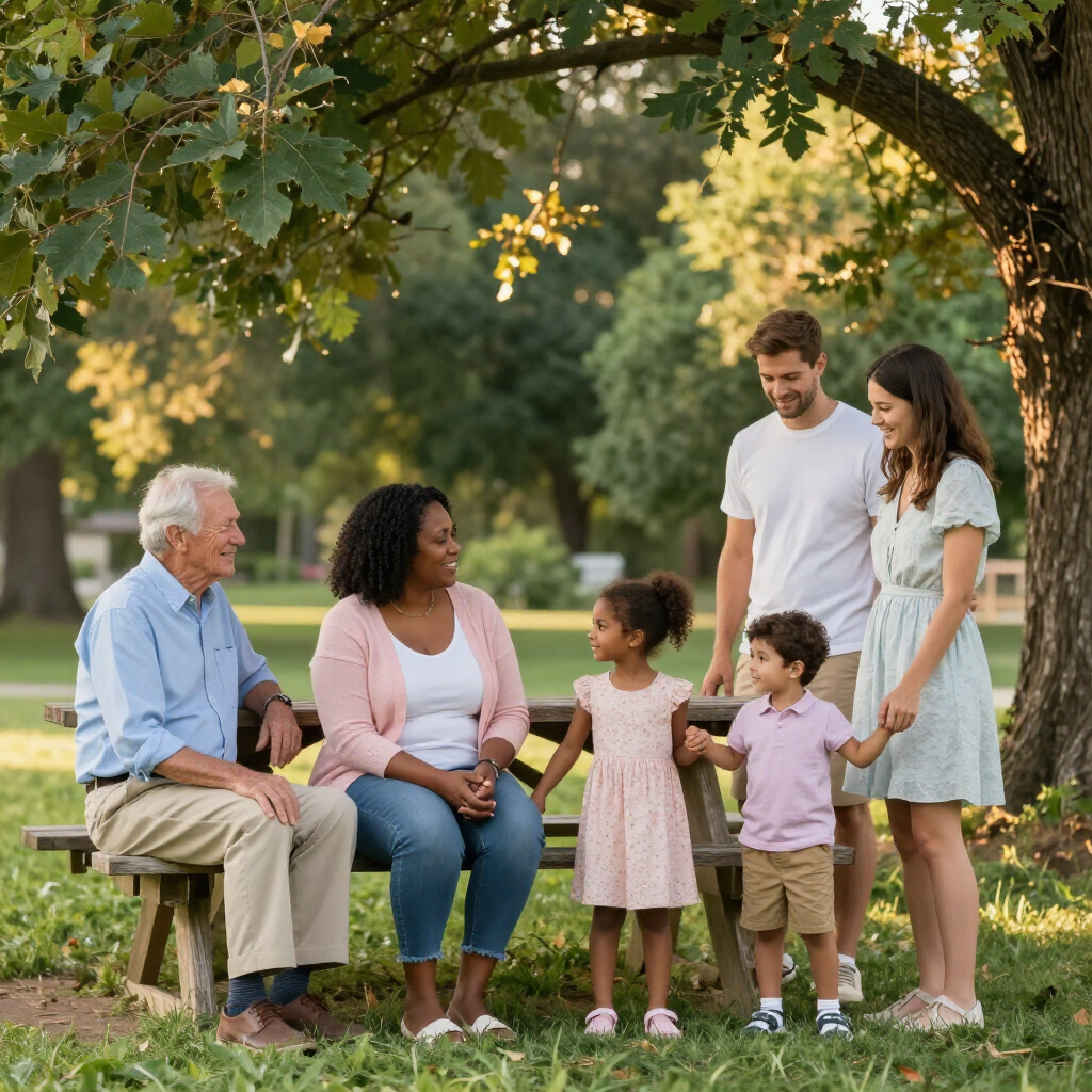 Un grupo de personas sentadas y de pie alrededor de una mesa de picnic de madera en un parque, a la sombra de un gran árbol.
