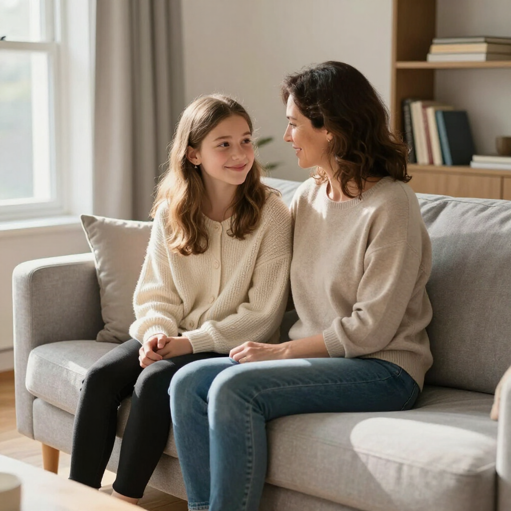 Dos personas están sentadas en un sofá, sonriéndose mutuamente en una luminosa sala de estar con una estantería cerca.
