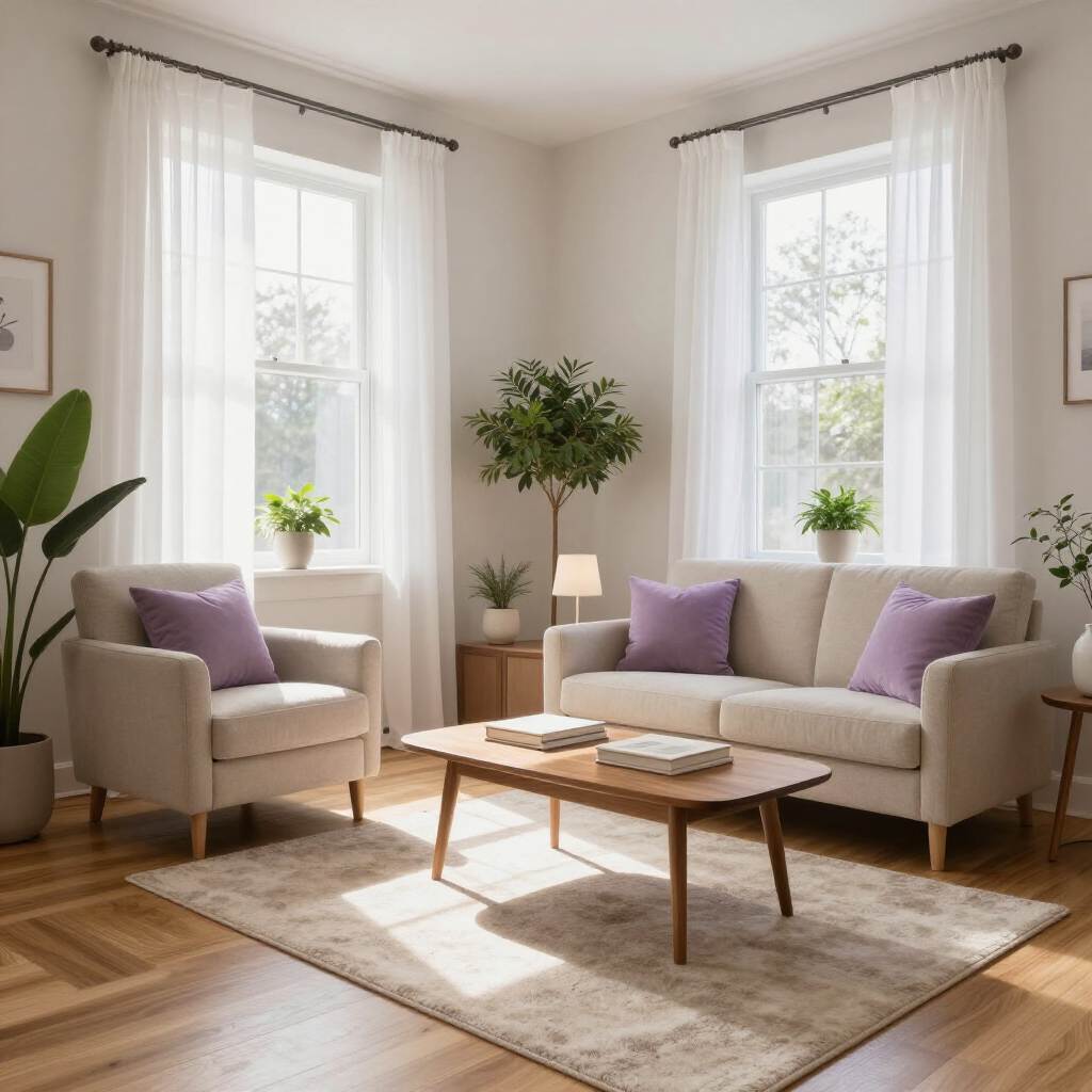 Una acogedora sala de estar con un sofá beige, un sillón, una mesa de centro y una alfombra