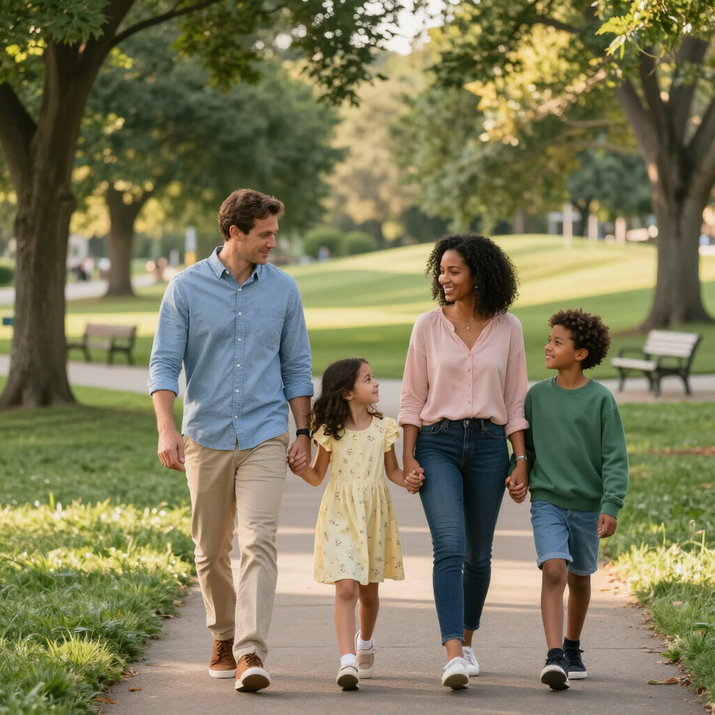 Una familia de cuatro personas pasea por un sendero del parque, cogidos de la mano y sonriendo