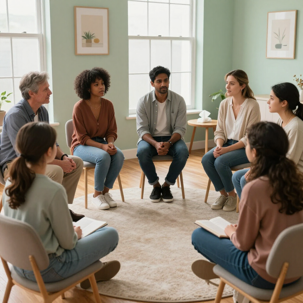 Siete personas se sientan en círculo sobre sillas en una habitación bien iluminada para una sesión de terapia grupal 