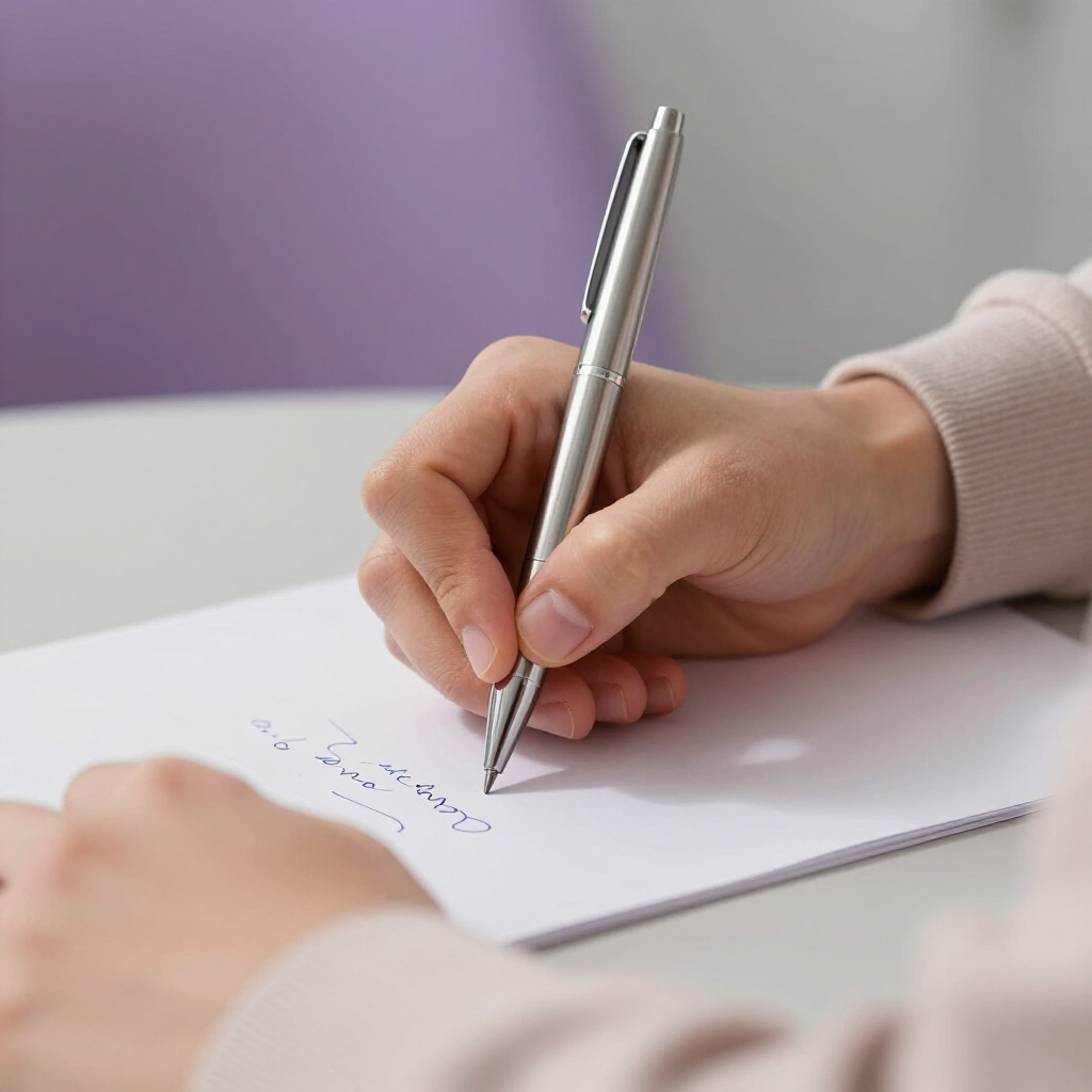 La letra de una persona escrita con un bolígrafo plateado sobre una hoja de papel blanco.
