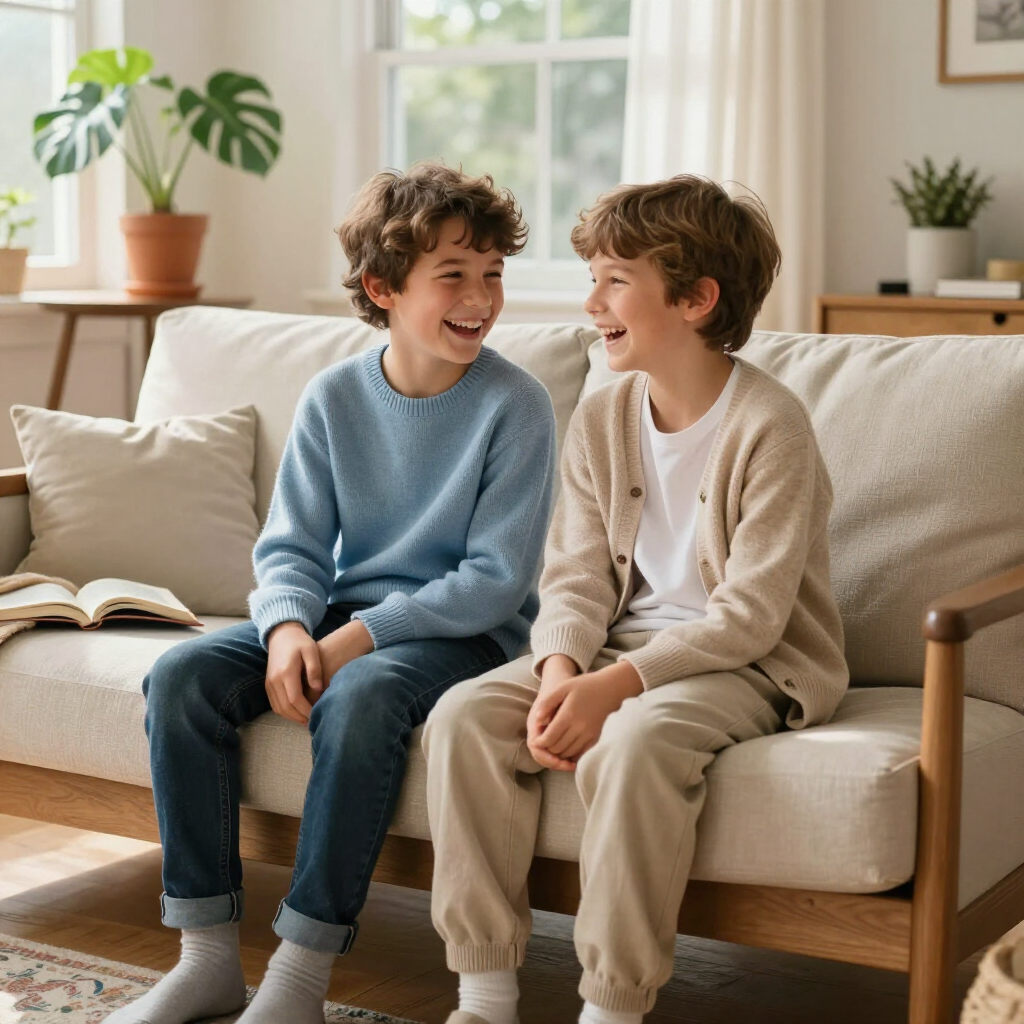 Dos niños ríen juntos sentados en un sofá de color claro en una sala de estar luminosa y llena de plantas.