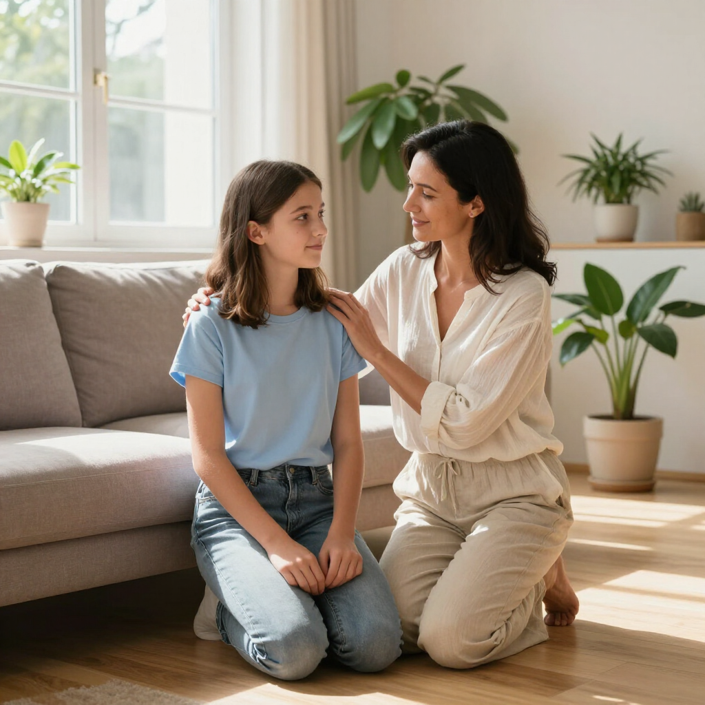 Un padre se arrodilla en el suelo de la sala de estar, colocando una mano sobre el hombro de su hijo