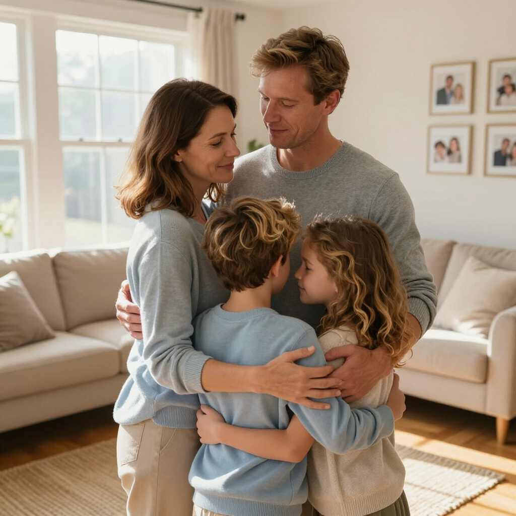 Una familia vestida con ropa de colores claros se abraza en una sala de estar luminosa y moderna.