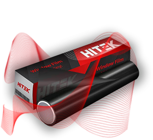 HITEK window film roll and box, black and red, on white background with red wave design.