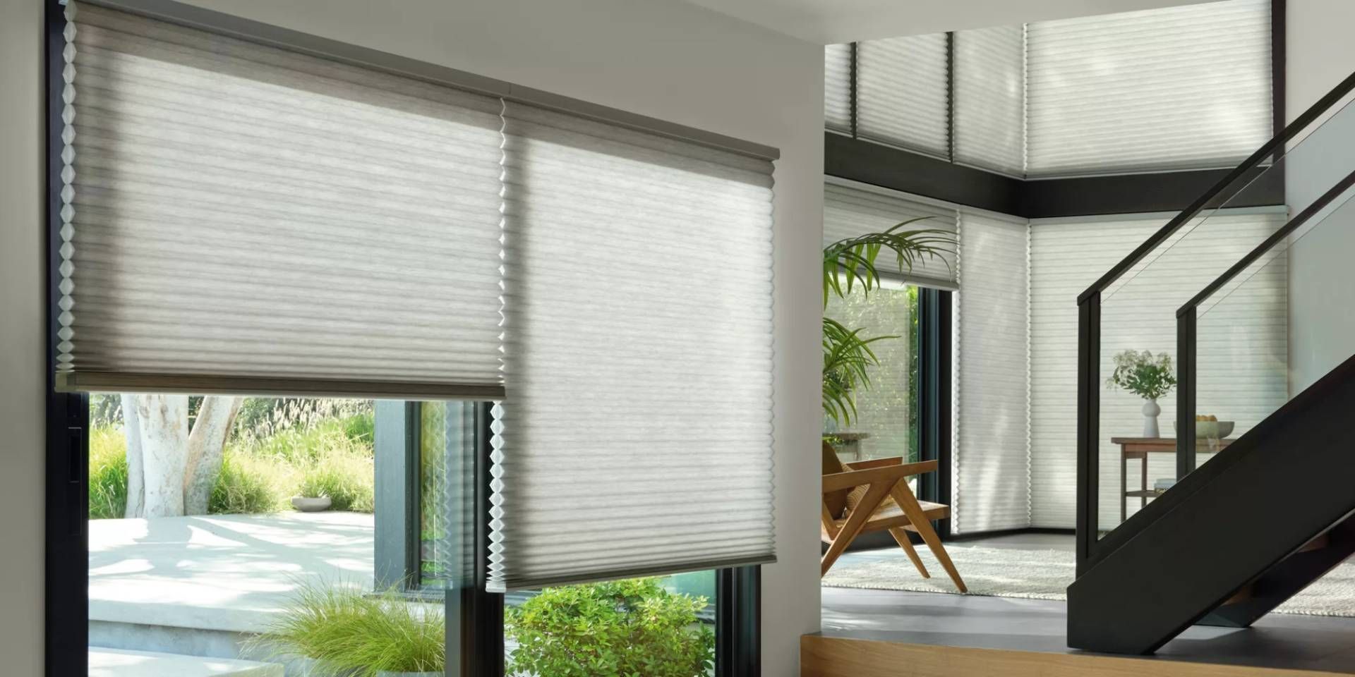 Hunter Douglas Duette® Cellular Shades on expansive windows in a stylish & modern home near Oakland