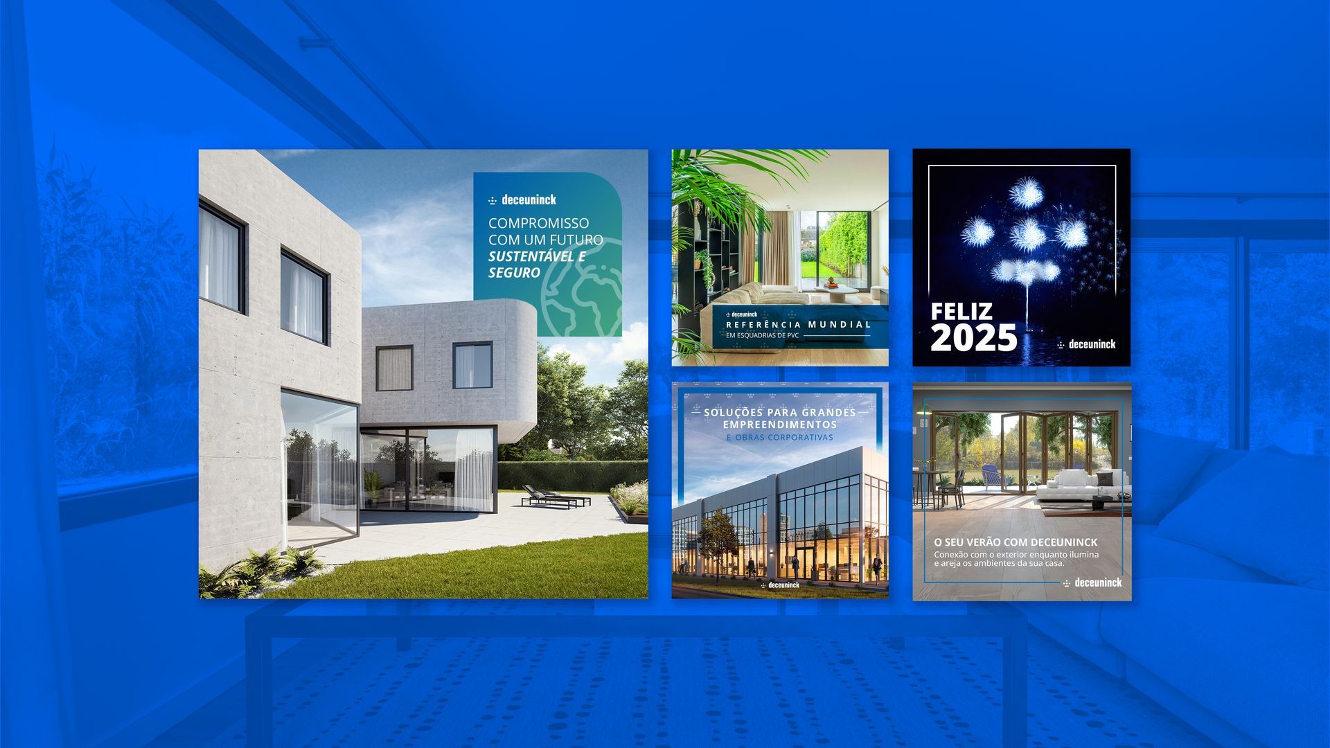 Uma colagem de imagens de edifícios sobre um fundo azul.