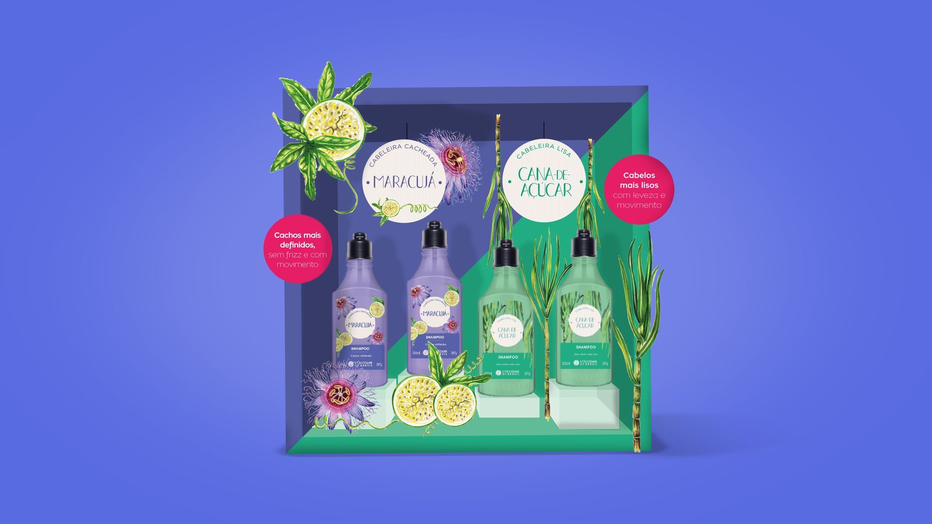 Uma caixa cheia de frascos de xampu e condicionador em um fundo azul.