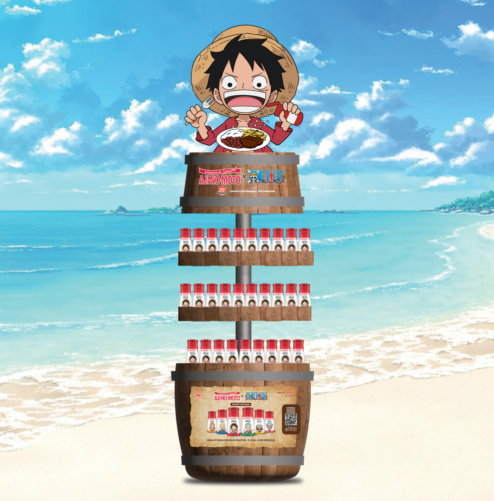 Uma exibição com um macaco d luffy em cima dela