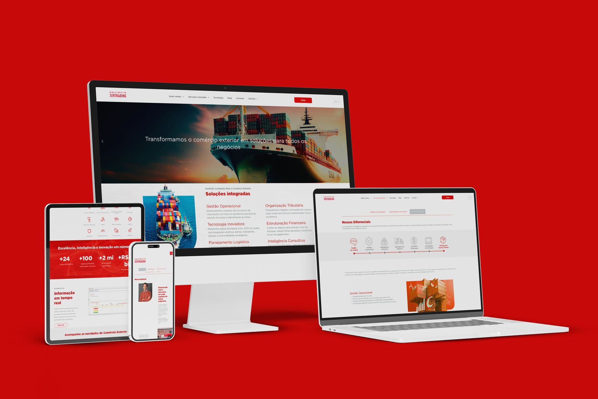 Um computador, tablet, telefone e laptop são exibidos em um fundo vermelho.