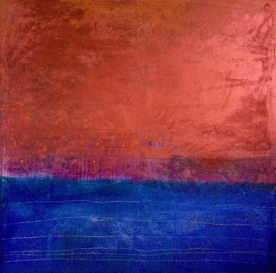 It is a painting of a blue and red ocean.