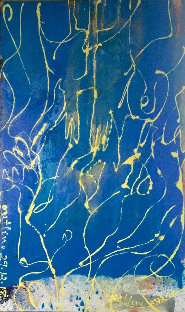 A blue painting with yellow lines on it