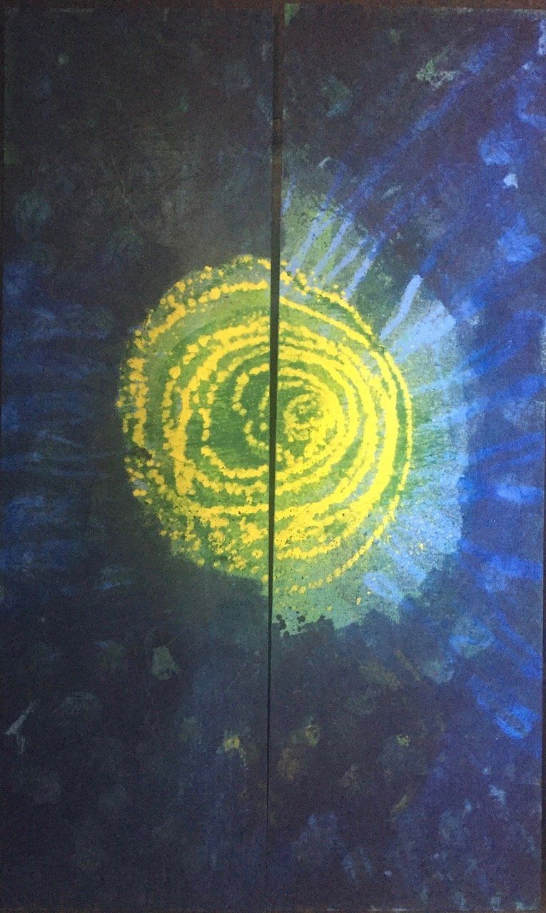 A painting of a yellow circle on a blue background
